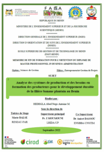 Analyse des systèmes de production et des besoins en formation des producteurs pour le développement durable de la filière banane plantain au Bénin