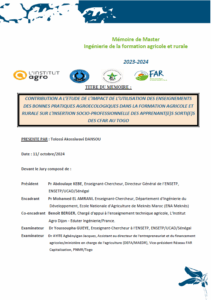 Impact de l’utilisation des enseignements des bonnes pratiques agroécologiques dans la FAR sur l’insertion socio-professionnelle des apprenant(e)s sorti(e)s des CFAR au Togo