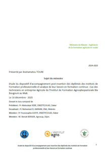 Étude du dispositif d’accompagnement post-insertion des diplômés des Instituts de Formation professionnelle et analyse de leur besoin en formation continue&nbsp;: Cas des techniciens en entreprise Agricole de l’Institut de Formation Agrosylvopastorale Bla Bougouni au Mali