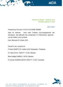 Liens entre Postures d’accompagnement des formateurs, Auto-efficacité des producteurs et Performances Agricoles&nbsp;: cas de la filière coton au Bénin
